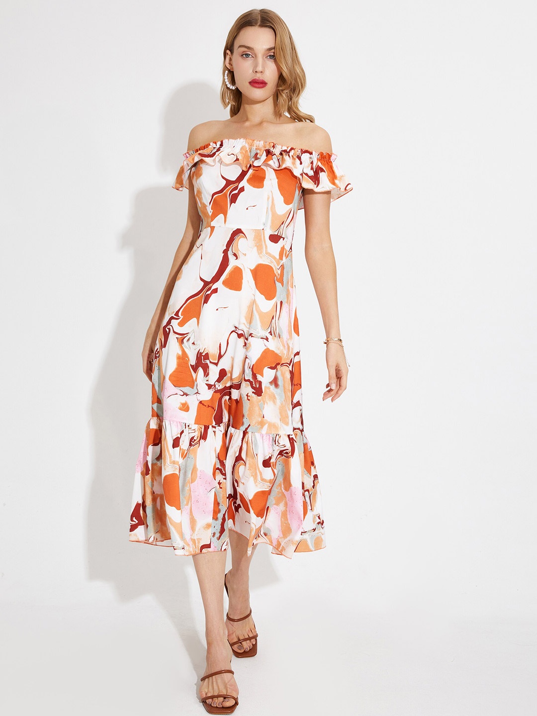 

URBANIC White & Orange Floral Off-Shoulder Midi Dress