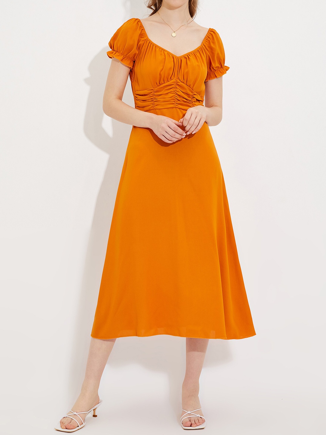 

URBANIC Orange Puff Sleeves Rushed Midi Dress