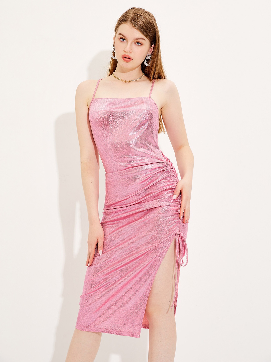 

URBANIC Pink Split Side Tie Up Sheath Midi Dress