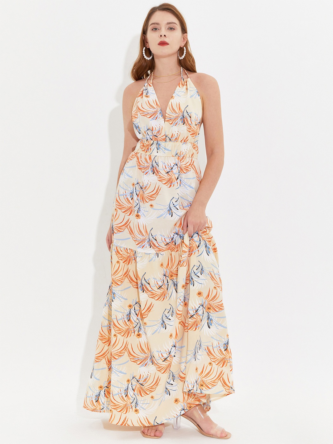 

URBANIC White & Multicoloured Floral Halter Neck Maxi Dress