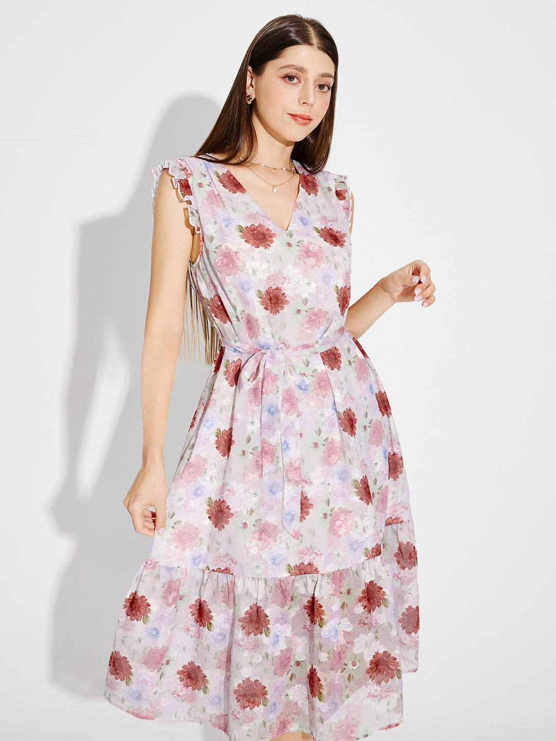 

URBANIC Off White & Brown Floral Printed Midi Dress