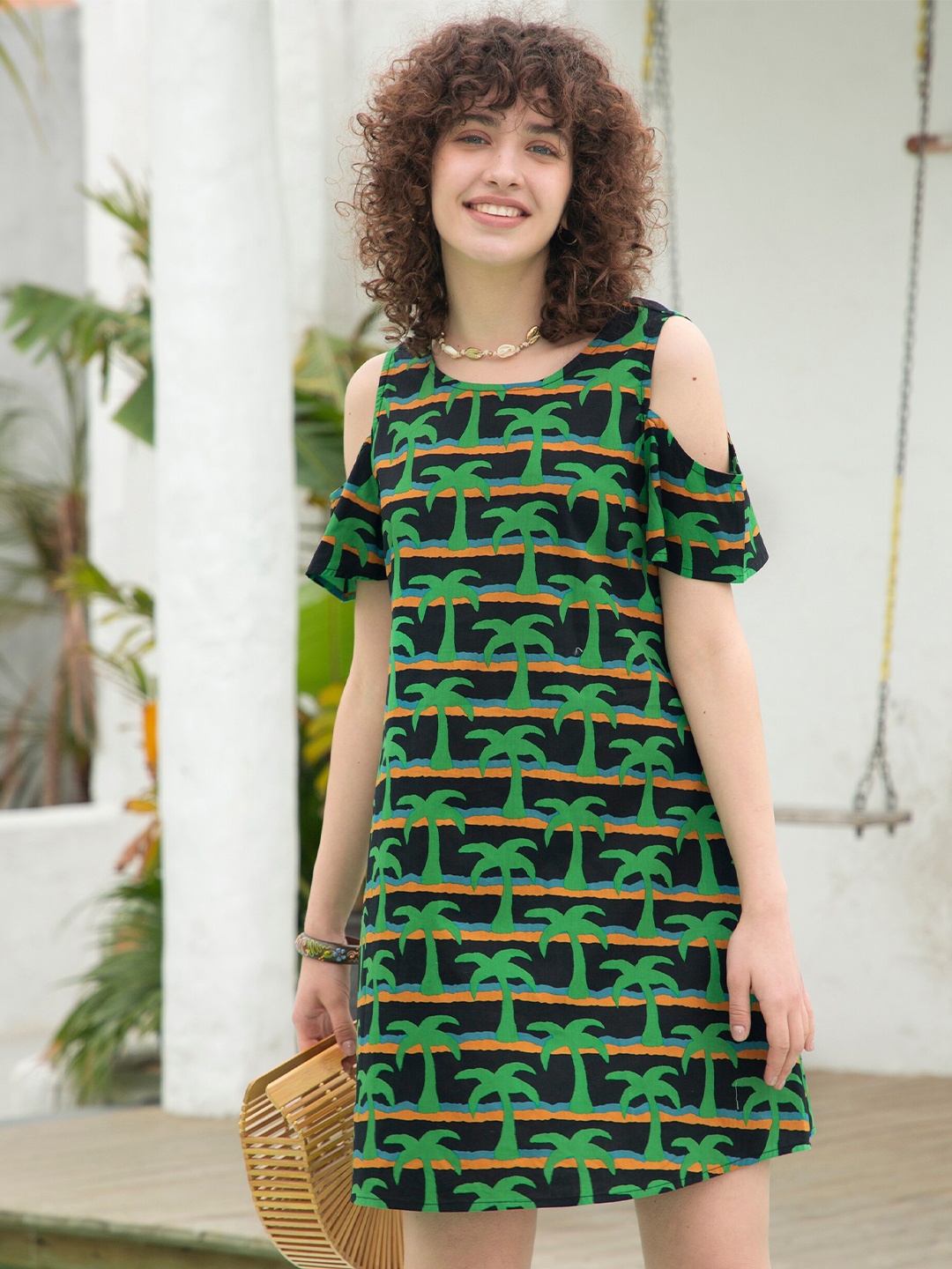 

URBANIC Black & Green Tropical Printed A-Line Dress