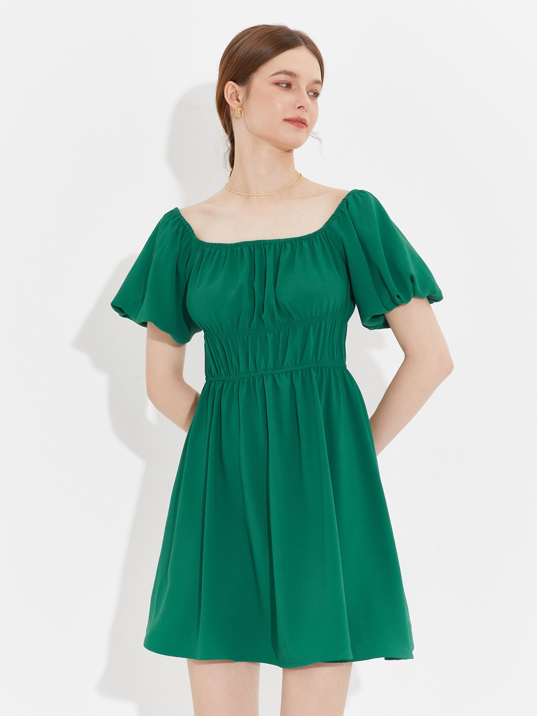 

URBANIC Green Solid Off-Shoulder Mini Dress