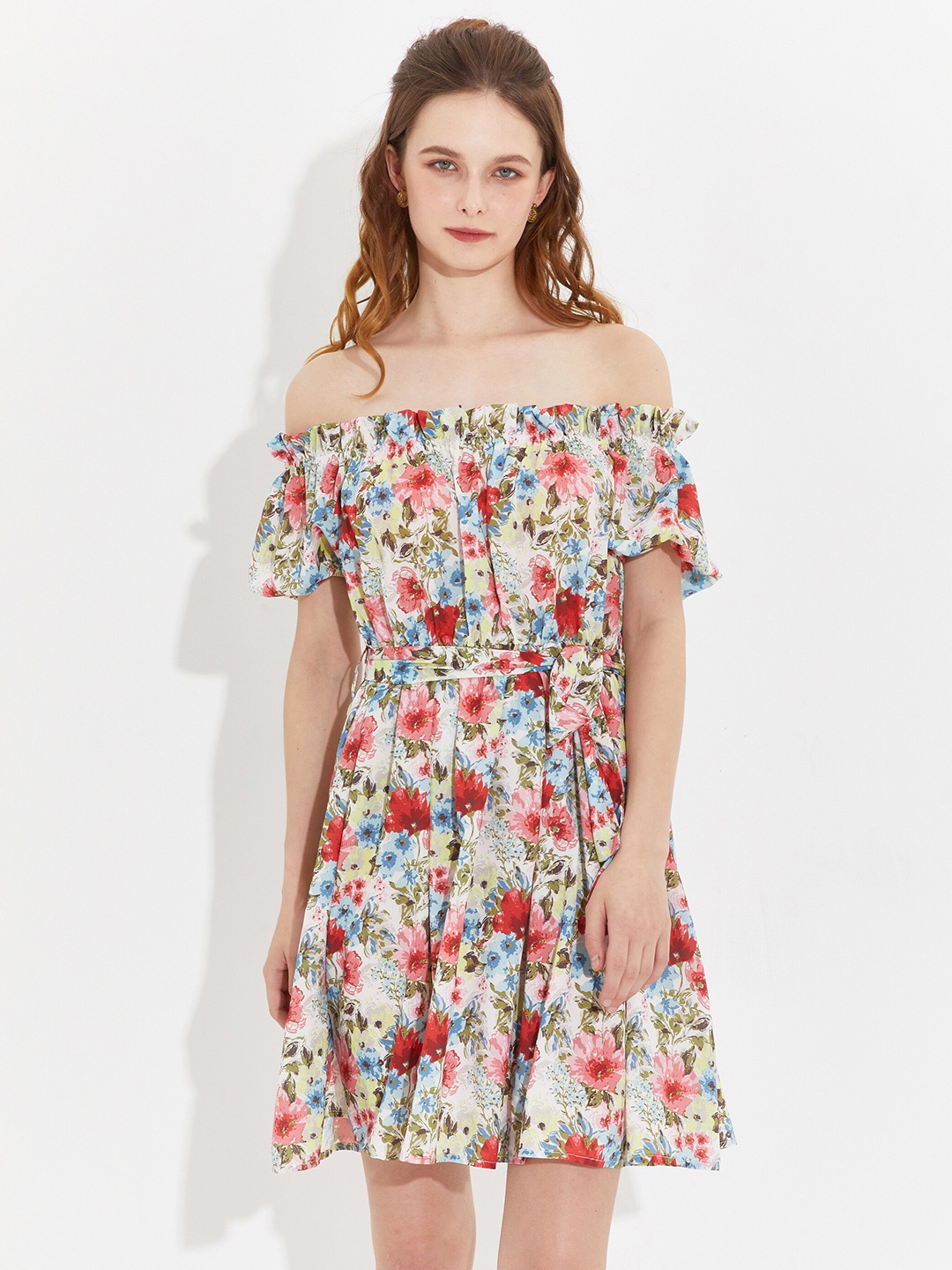 

URBANIC Red & Multicoloured Floral Off-Shoulder Dress