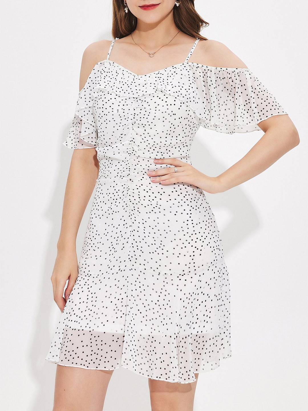 

URBANIC White & Black Self Design Ruffle A-Line Dress