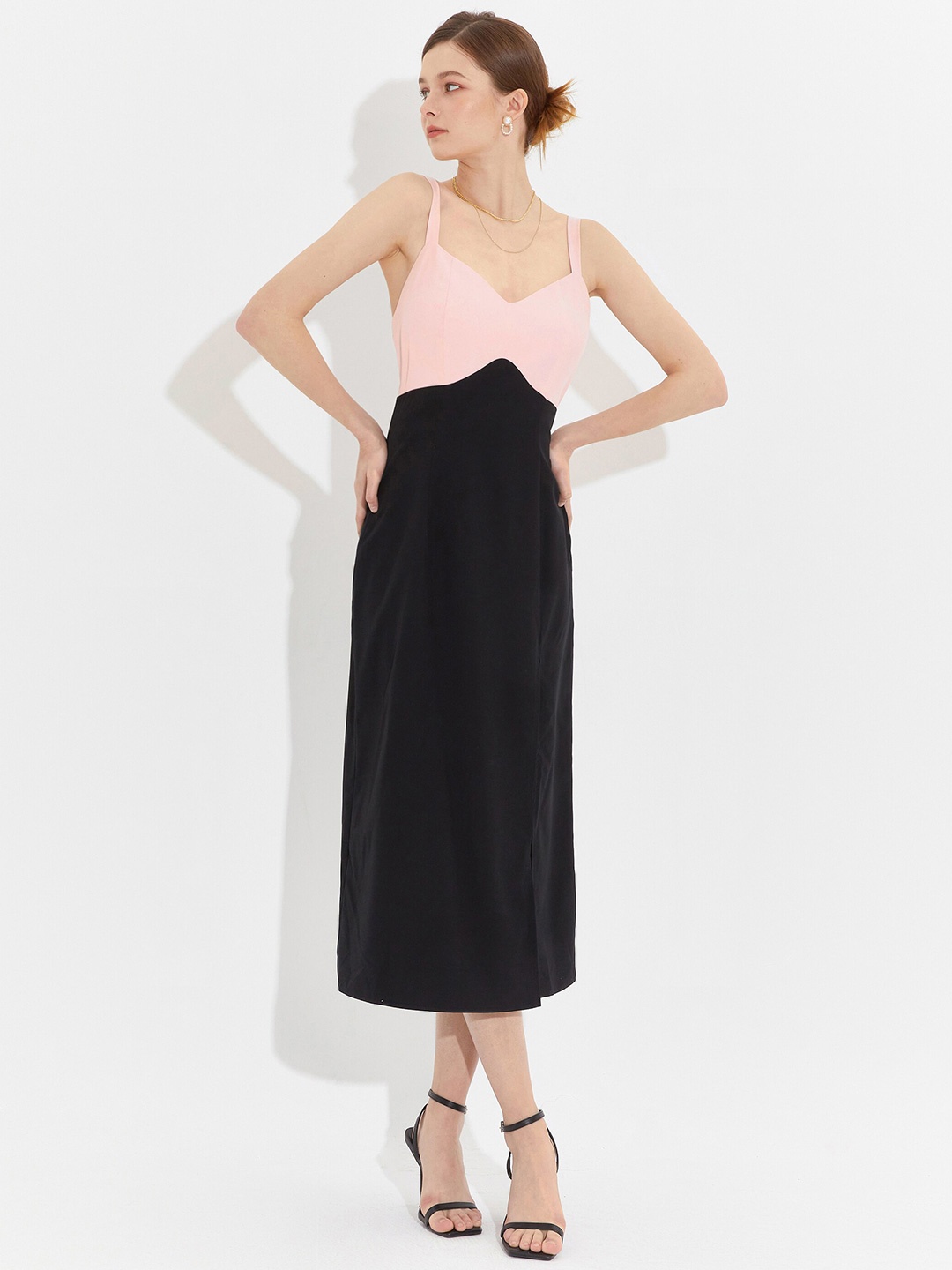 

URBANIC Black & Peach-Coloured A-Line Midi Dress