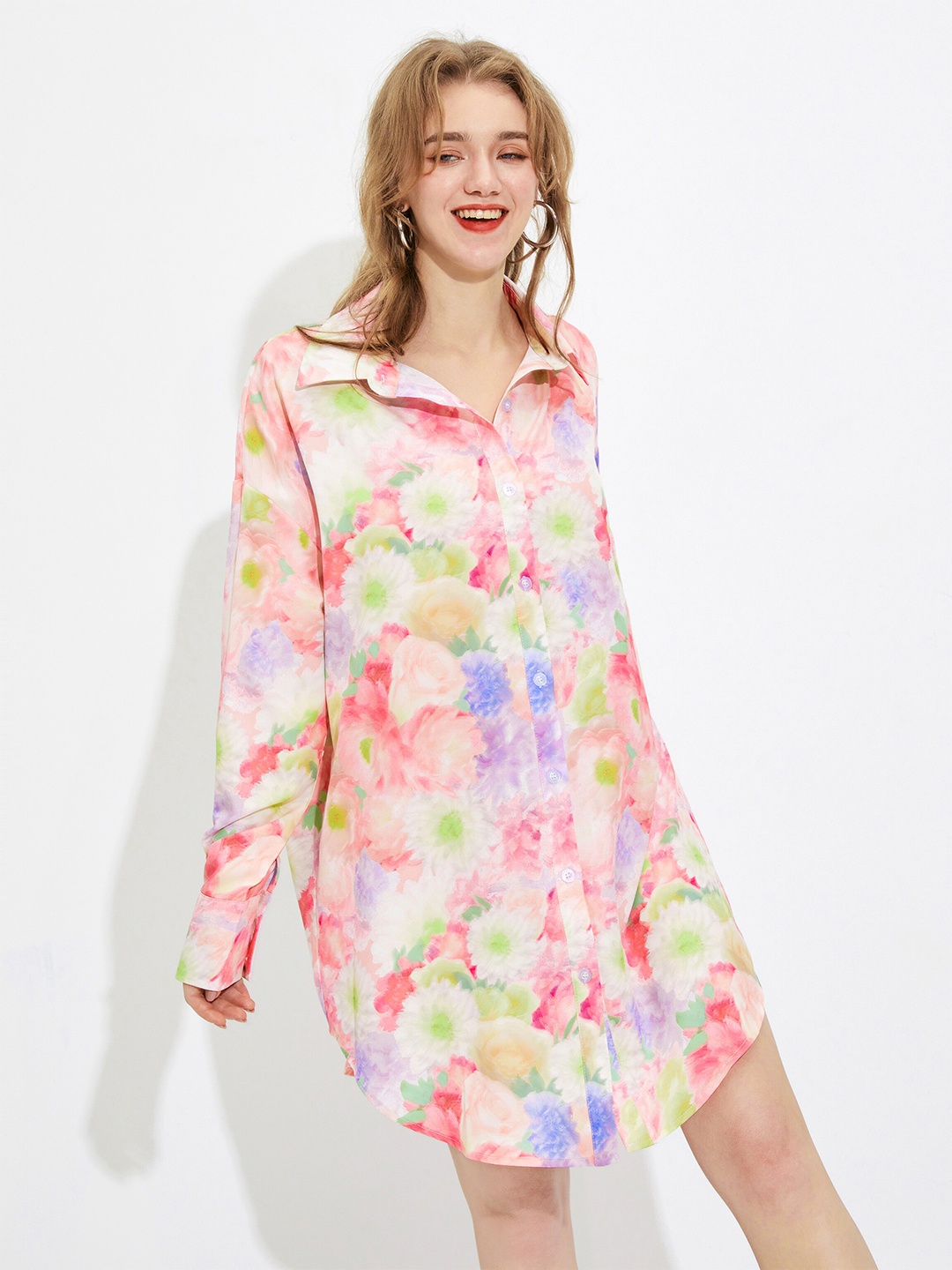 

URBANIC Women Pink Floral Shirt Dress