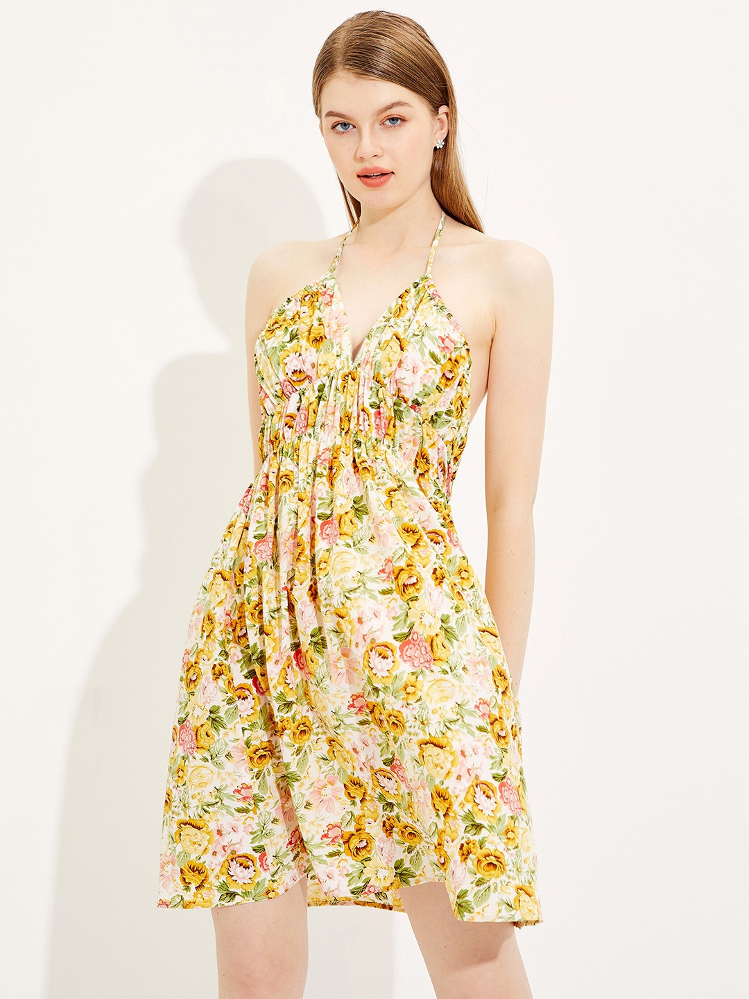 

URBANIC Yellow Floral Halter Neck Dress