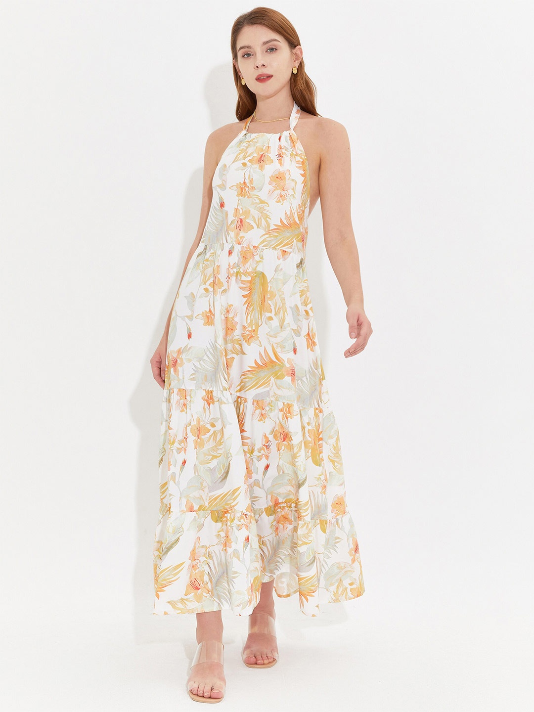 

URBANIC Orange & White Floral Halter Neck Maxi Dress