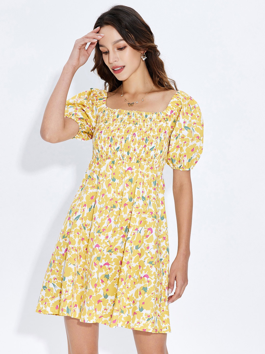 

URBANIC Yellow Floral Mini Dress