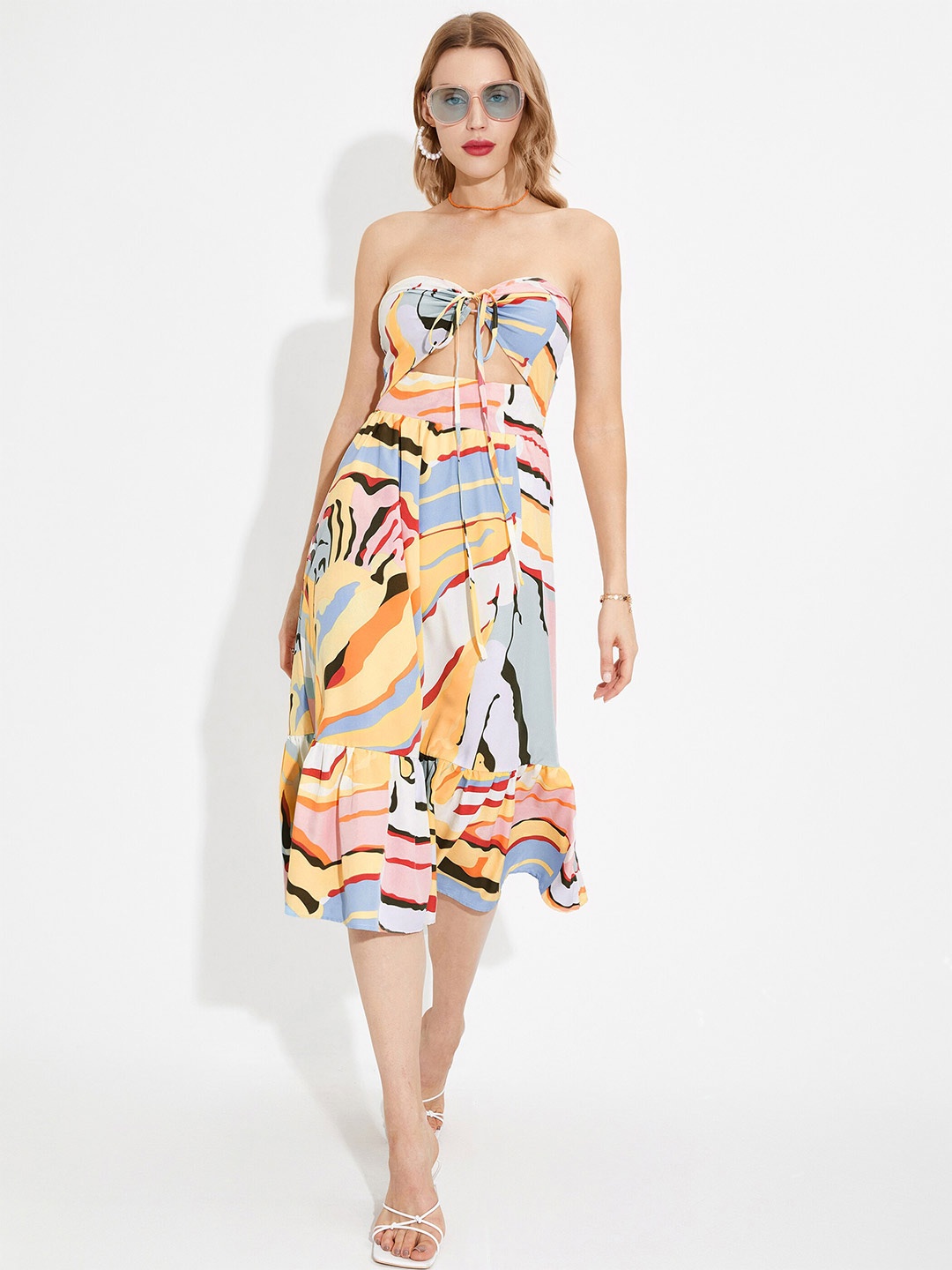 

URBANIC Yellow & Grey Printed Midi Dress