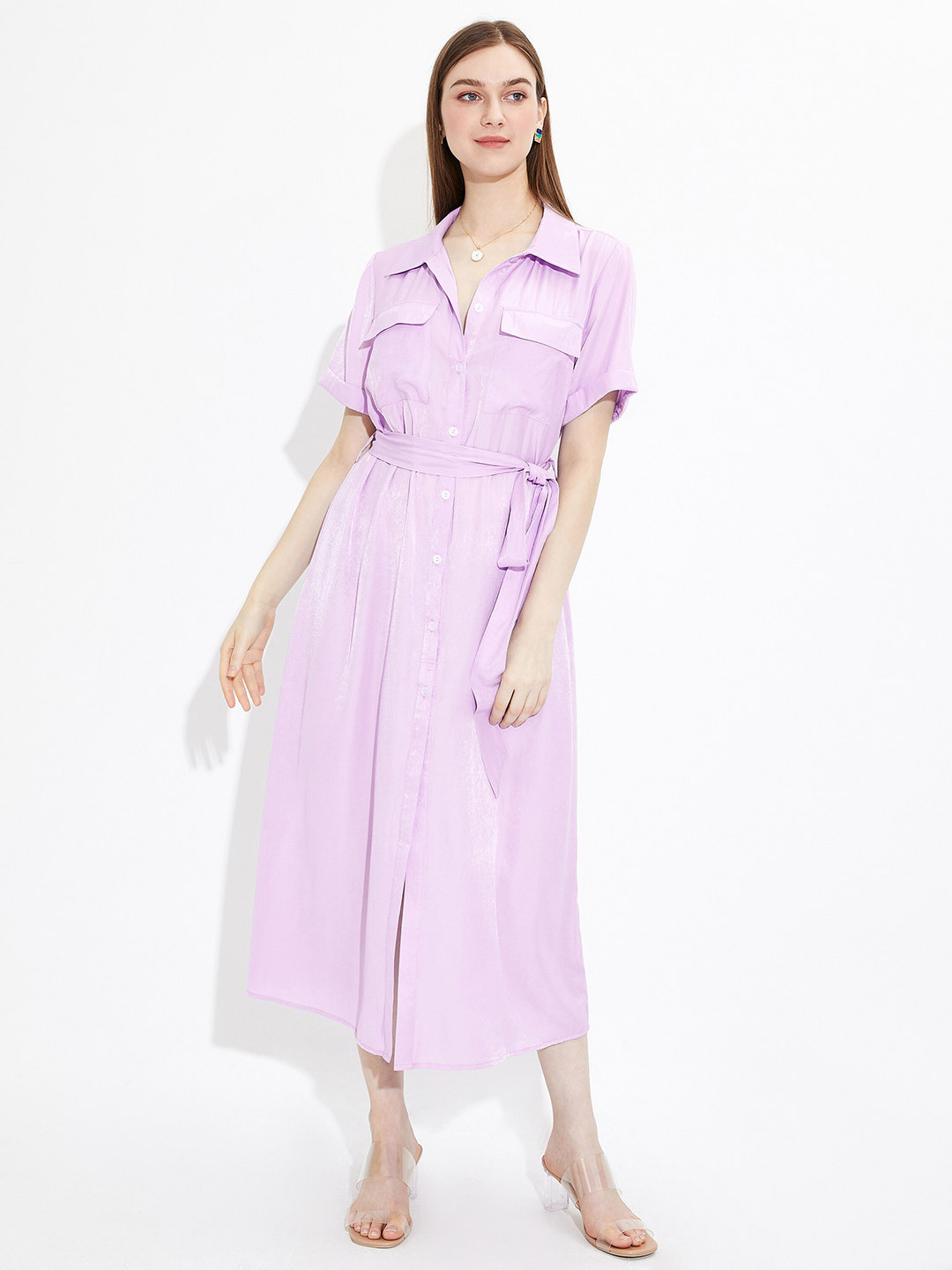 

URBANIC Women Purple Solid Shirt Midi Dress
