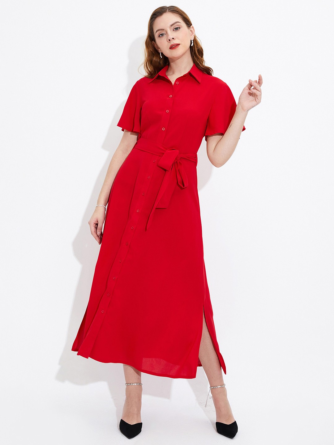 

URBANIC Red Solid Shirt Midi Dress