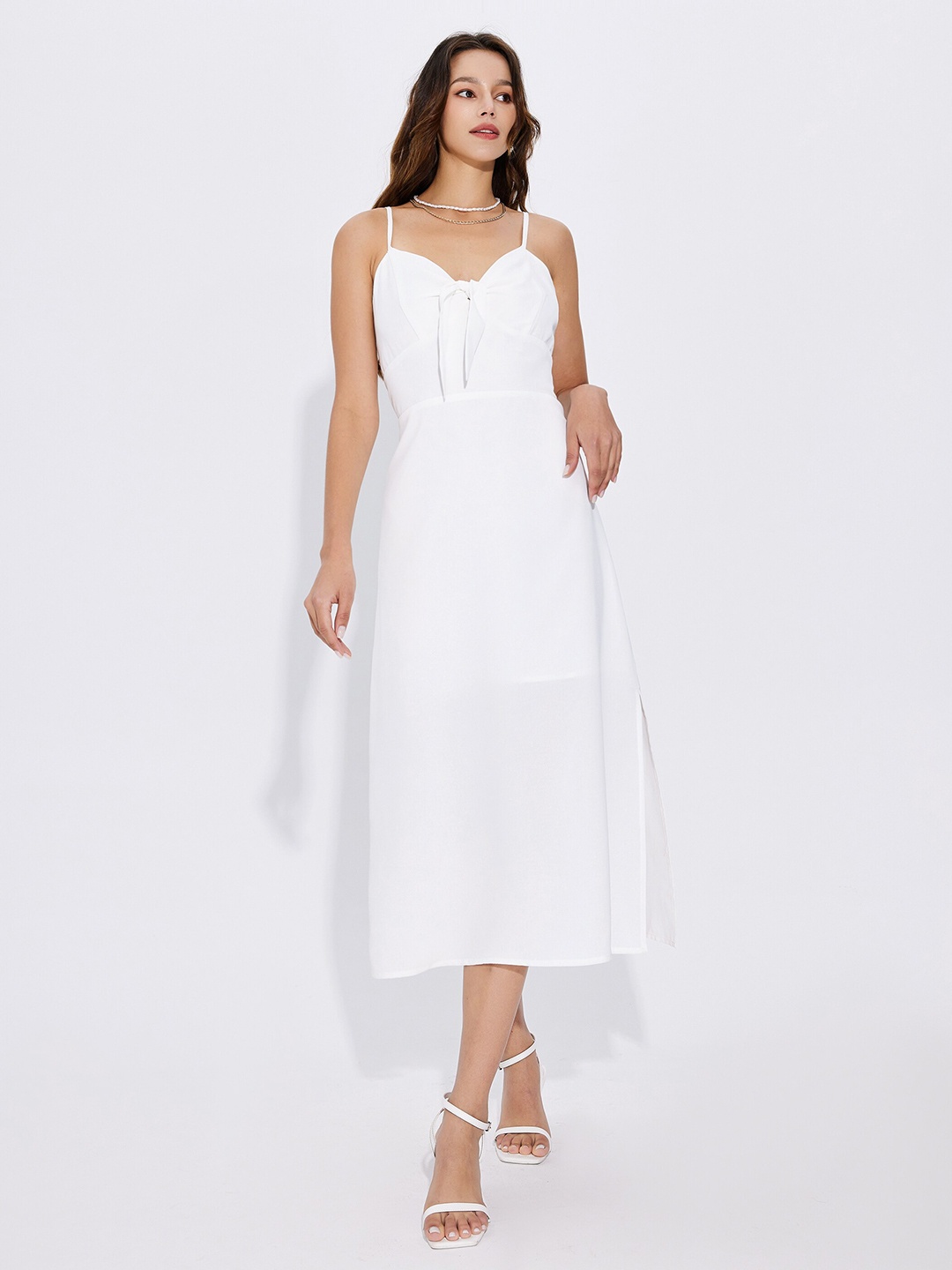 

URBANIC White Solid Fit & Flare Midi Dress