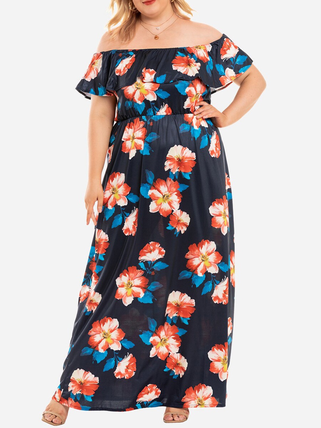 

URBANIC Navy Blue Floral Off-Shoulder Maxi Dress