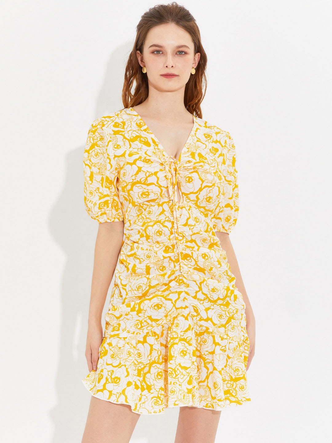 

URBANIC Yellow Floral A-Line Mini Dress