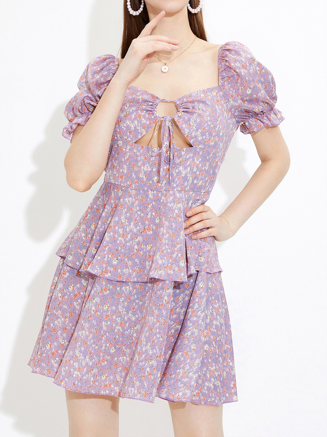 

URBANIC Purple Floral Tie-Up Neck Mini Dress