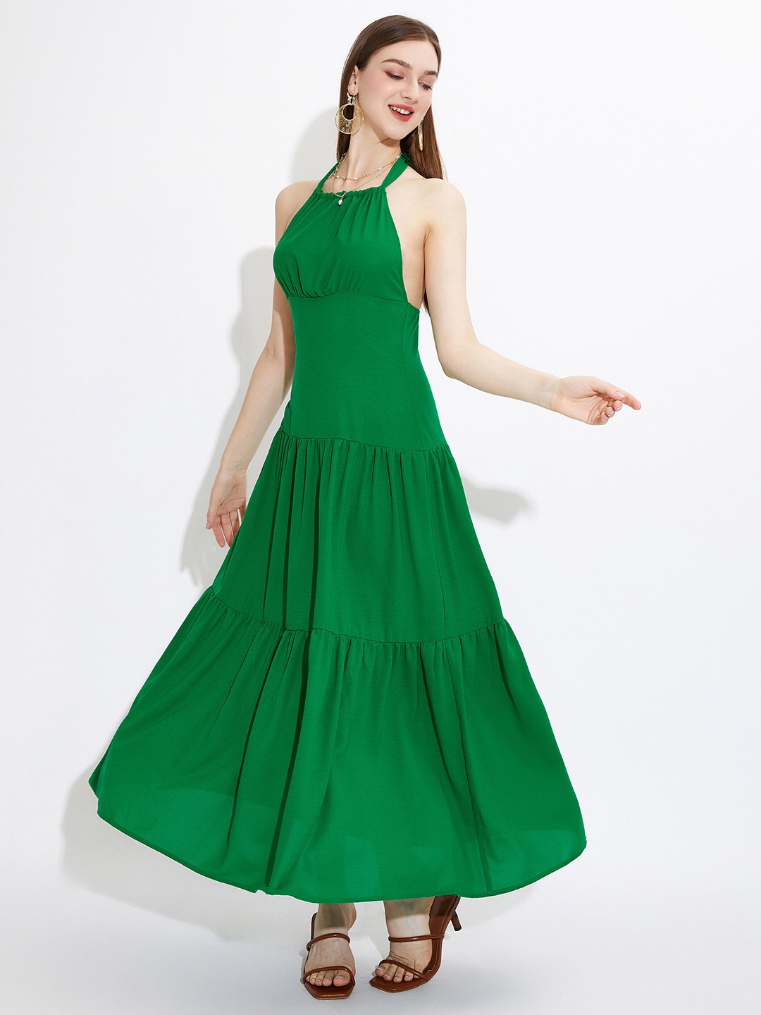 

URBANIC Green Halter Neck Tiered Maxi Dress