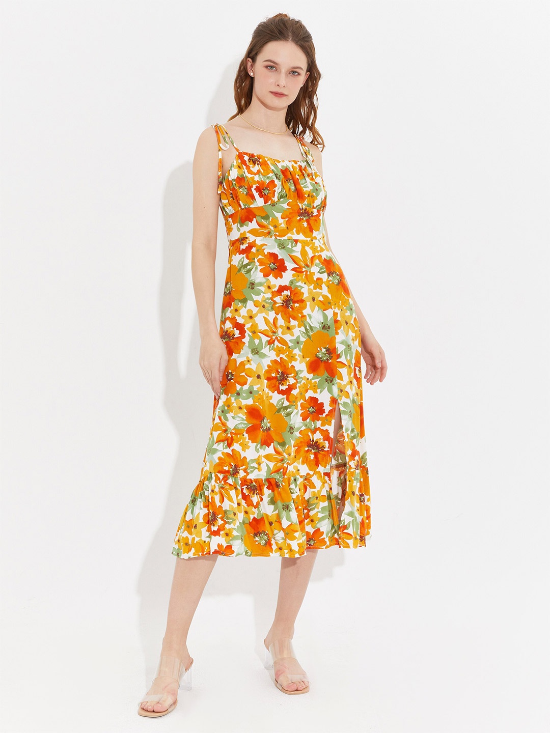 

URBANIC Orange & White Floral Fit & Flare Midi Dress