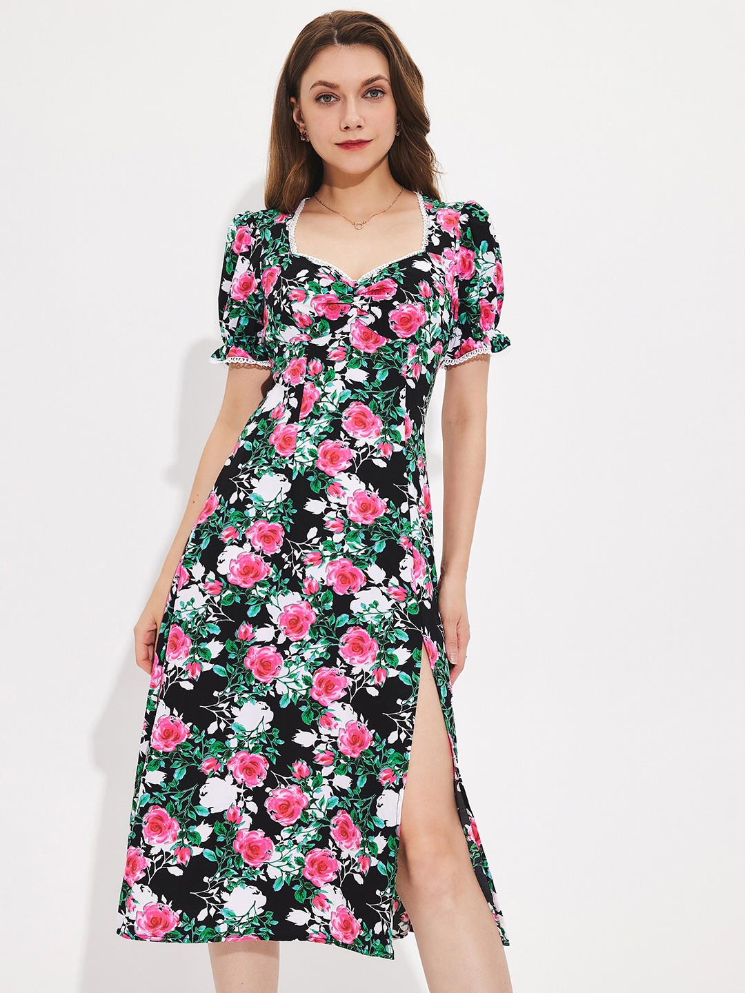 

URBANIC Black & Pink Floral Printed Midi Dress