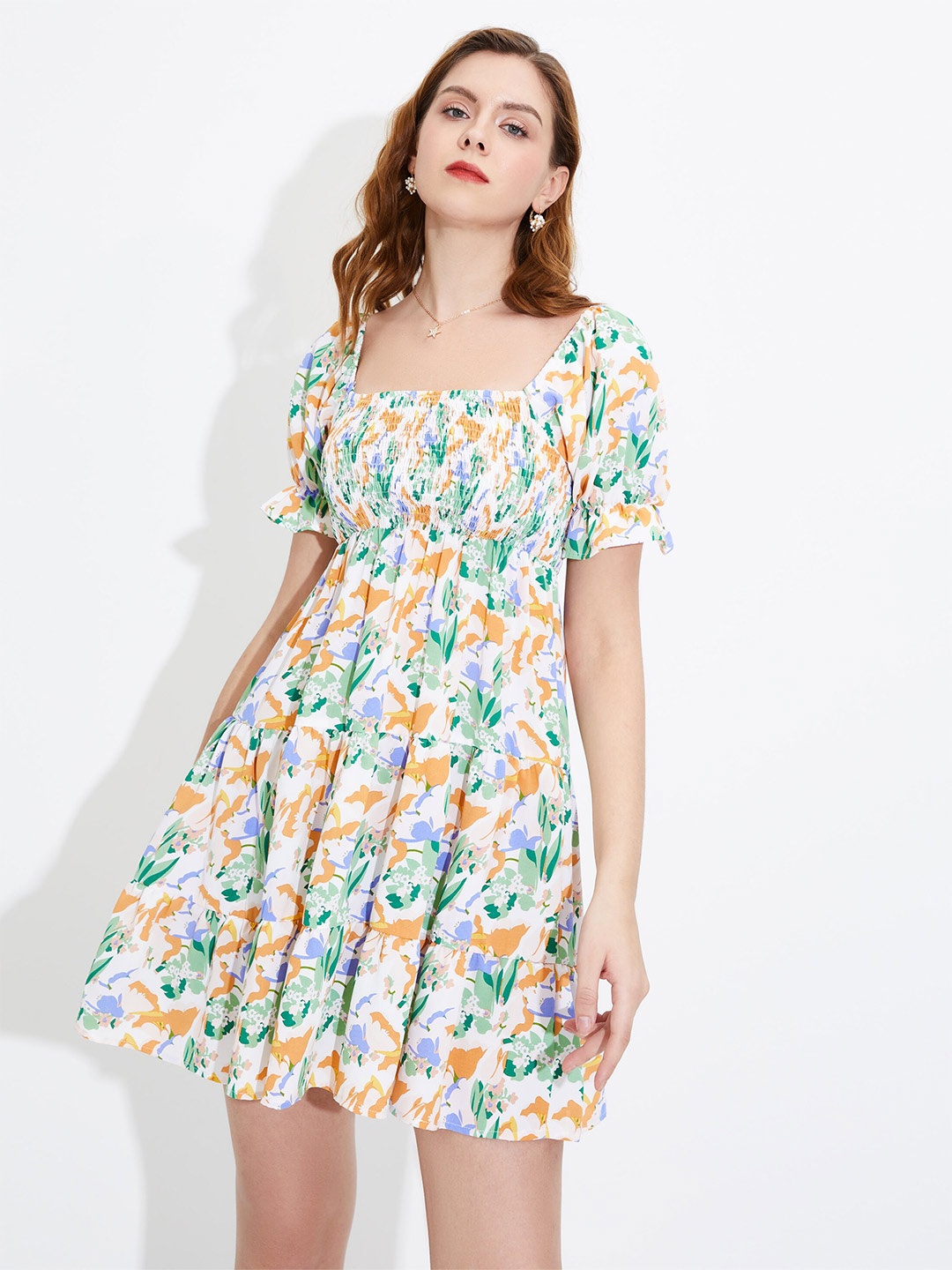

URBANIC White & Green Printed A-Line Dress