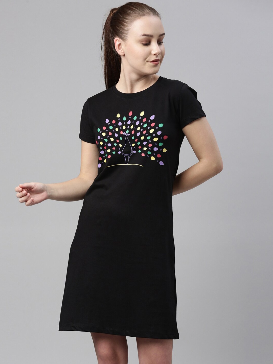 

LAYA Women Black Printed Cotton Nightdress