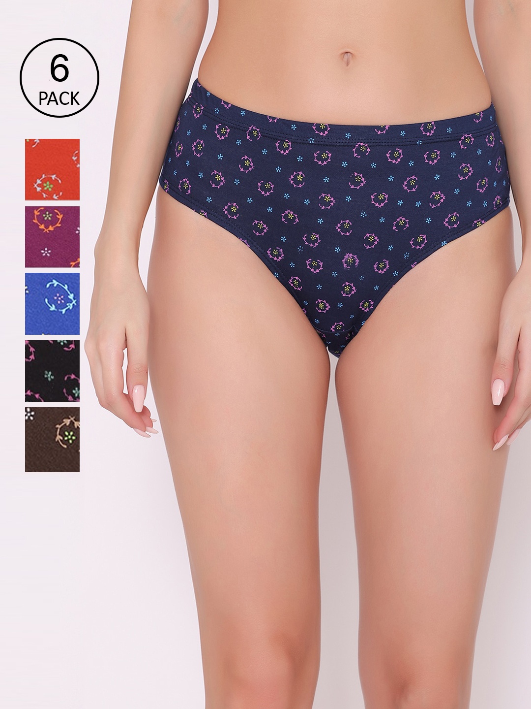 

ABELINO Women Pack Of 6 Floral Printed Cotton Hipster Briefs, Black