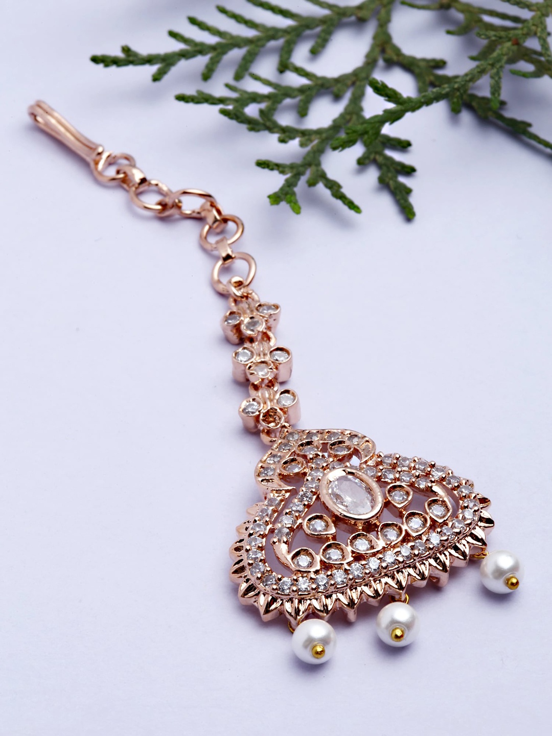 

KARATCART Rose Gold-Plated AD-Studded & Pearl Beaded Maang Tikka