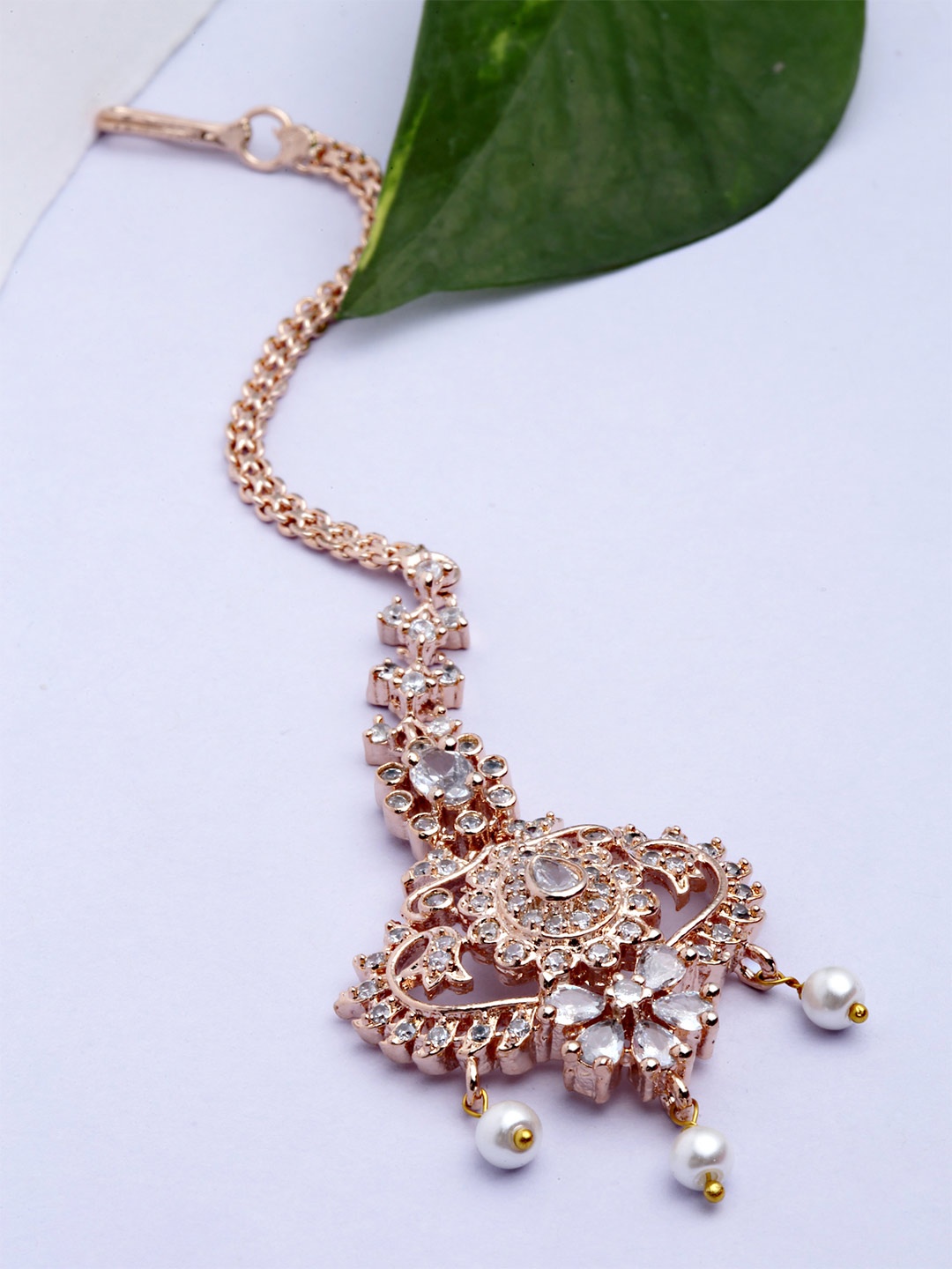 

KARATCART Rose Gold-Plated White CZ-Studded Handcrafted Maang Tikka