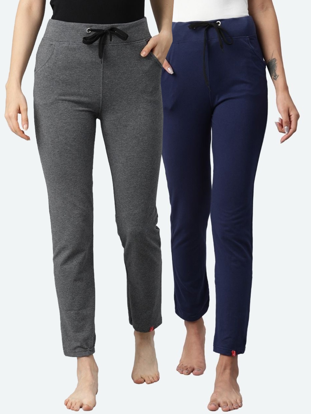 

NOT YET by us Women Pack of 2 Navy Blue & Grey Melange Stretchable Yoga Pants
