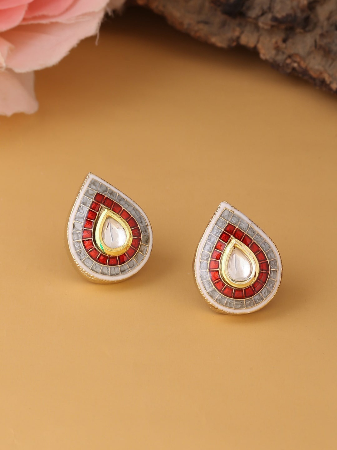 

The Aab Studio Red Red & Grey 24 K Gold Plated Meenakari Kundan Studded Handcrafted Studs