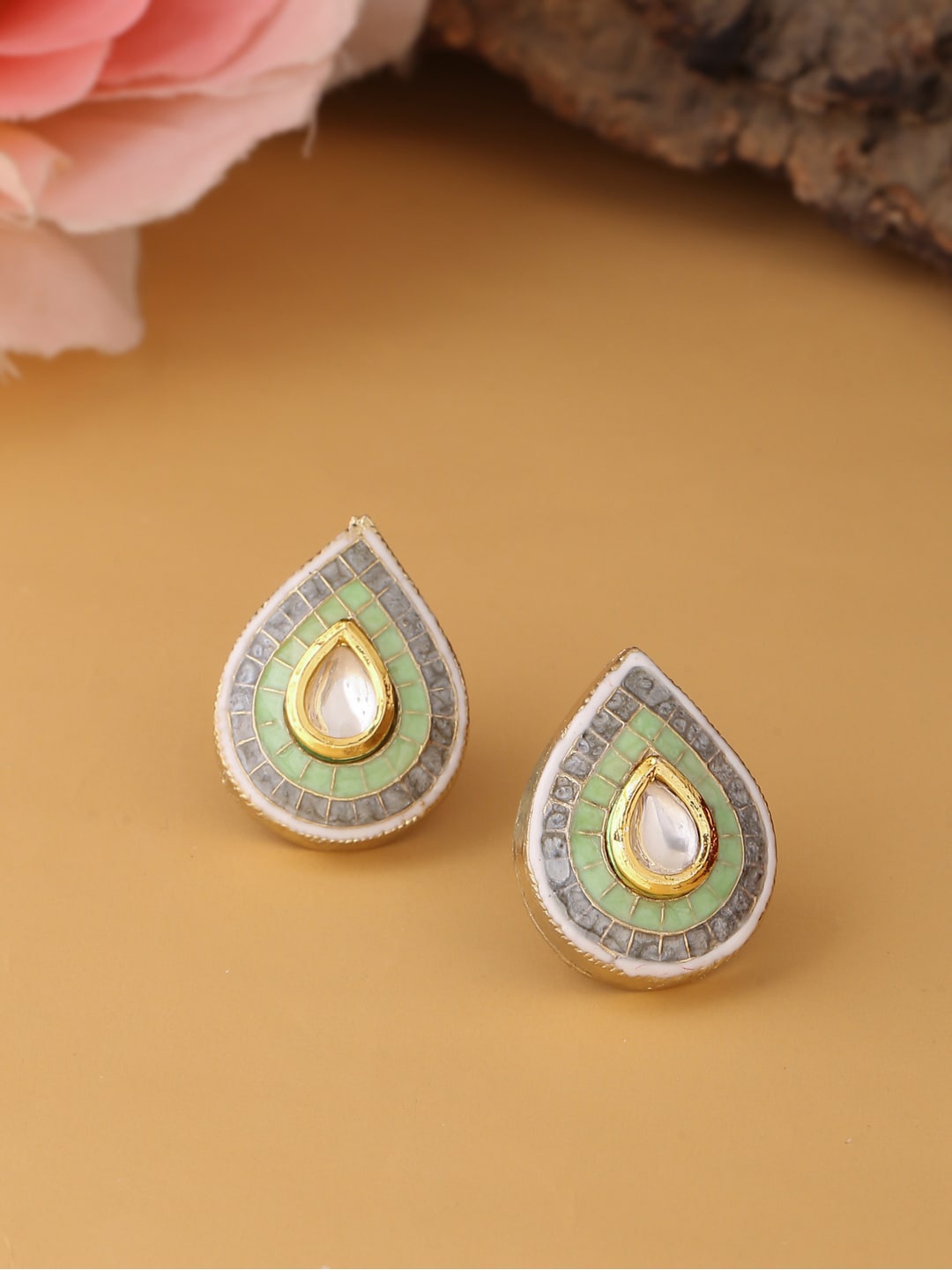 

THE AAB STUDIO 24K Gold Plated Green & Grey Meenakari Kundan Studded Handcrafted Studs