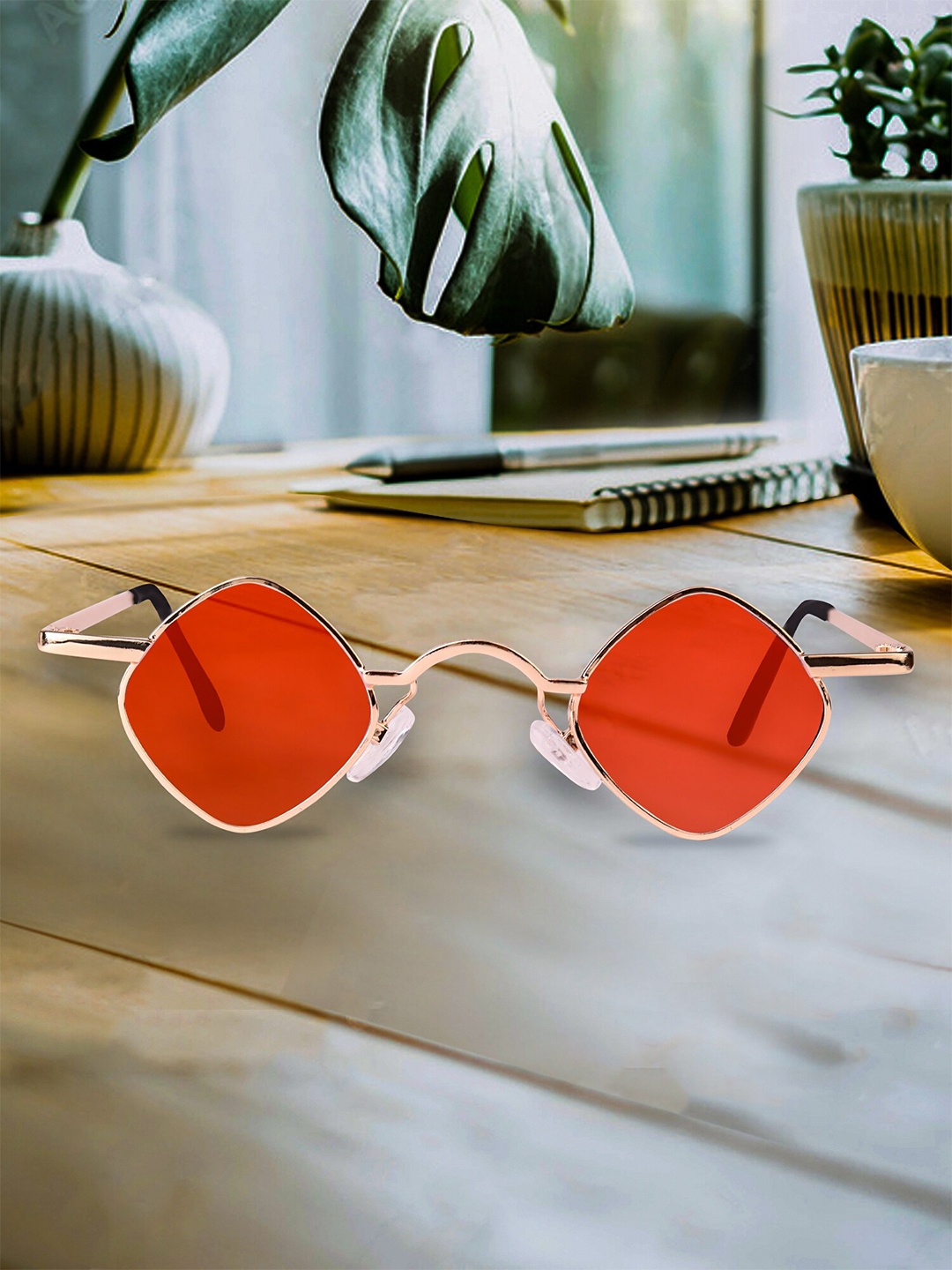 

Spiky Unisex Kids Red Lens & Gold-Toned Rectangle Sunglasses with UV Protected Lens