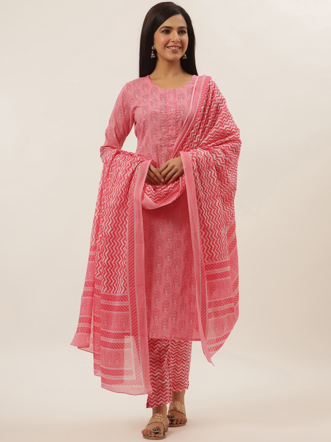 

Yufta Women Pink Ethnic Motifs Printed Sequinned Pure Cotton Kurta with Churidar & With Dupatta
