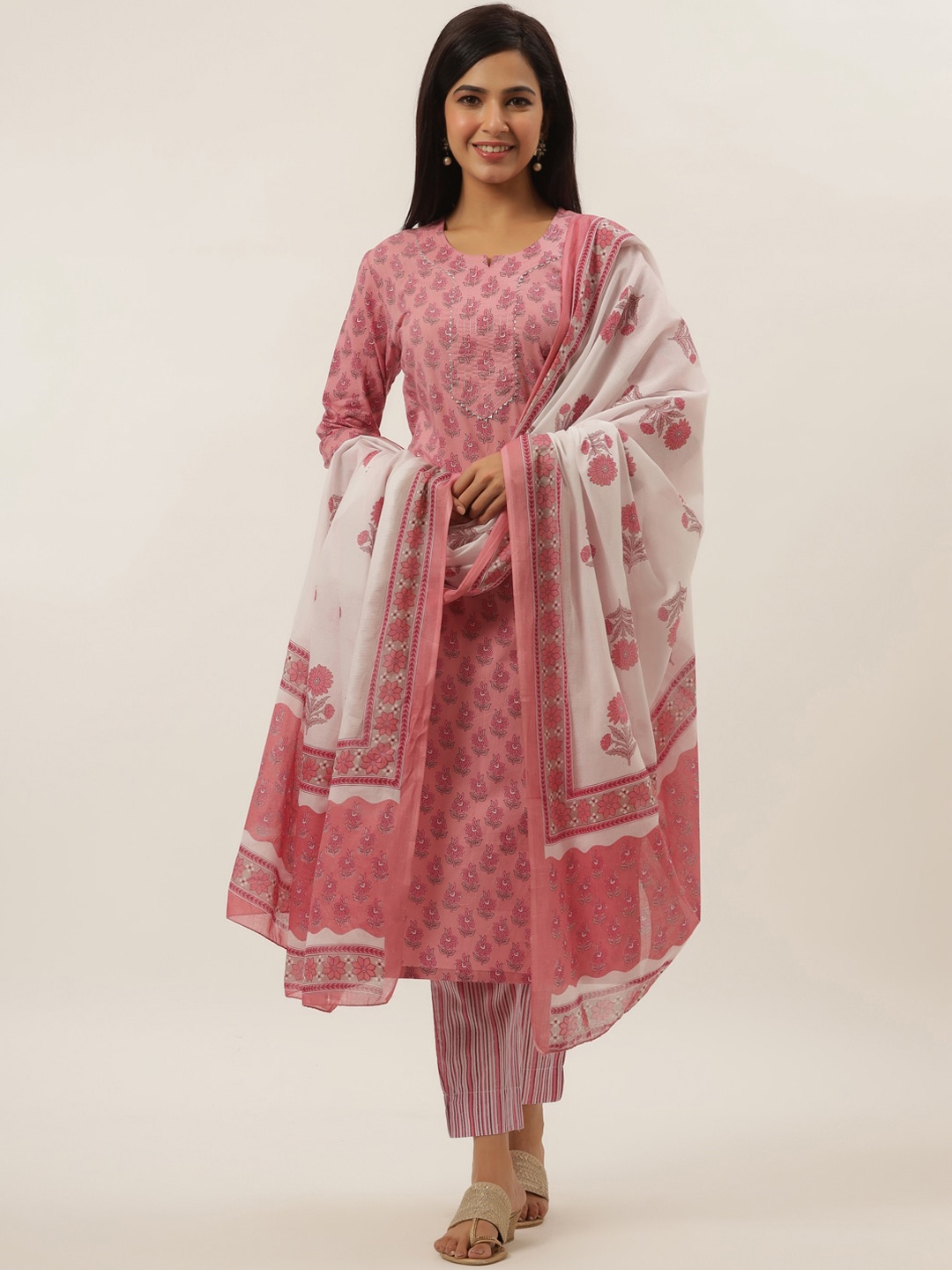 

Yufta Women Pink Floral Pure Cotton Kurta with Trousers & With Dupatta