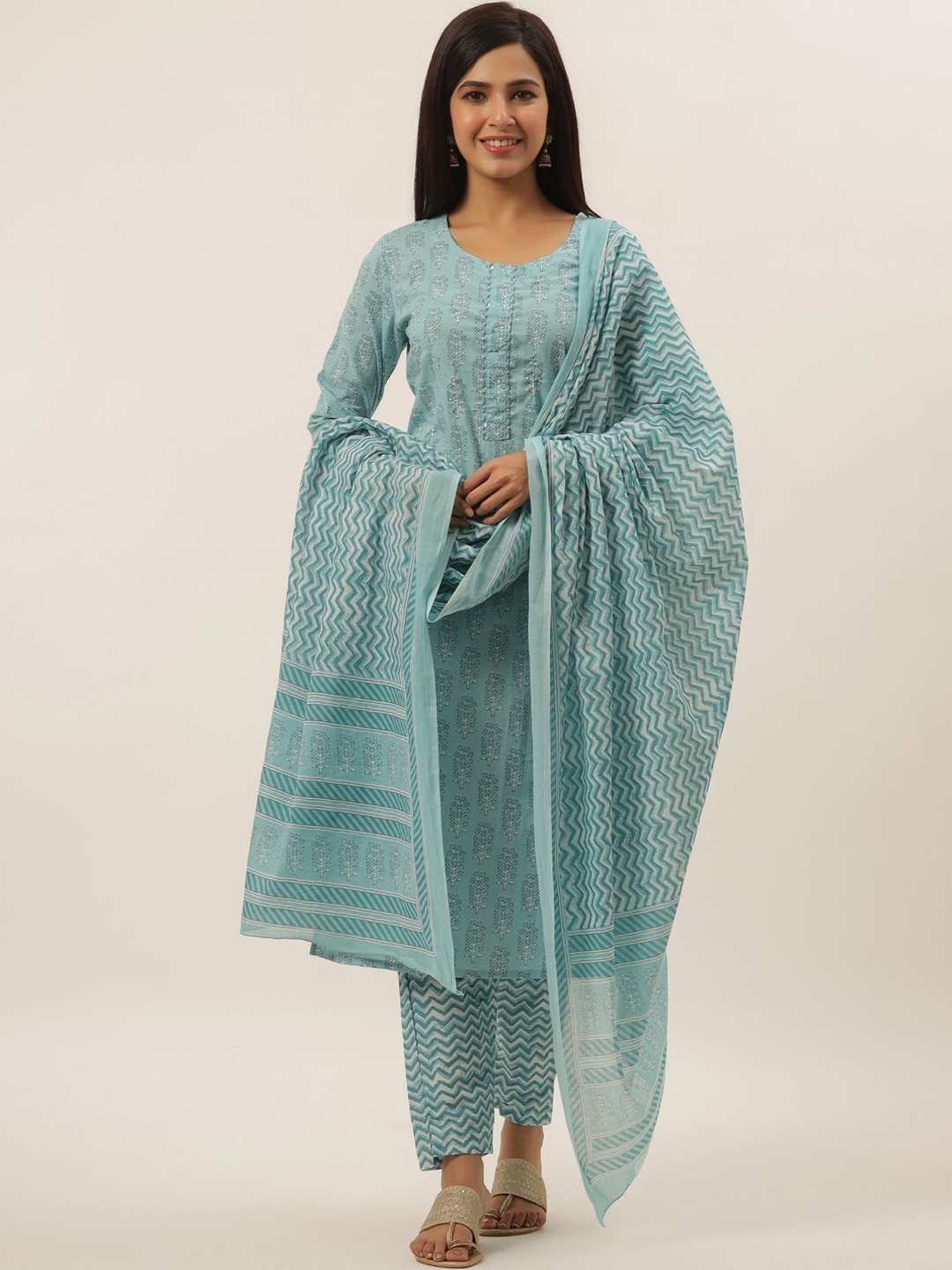 

Yufta Women Blue Embroidered Pleated Sequinned Pure Cotton Kurti with Trousers & With Dupatta