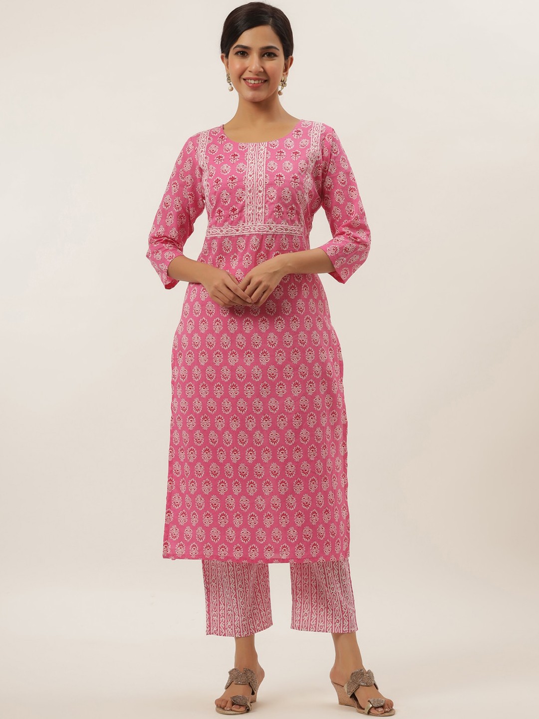

Yufta Women Pink Ethnic Motifs Printed Sequinned Pure Cotton Kurti with Trousers