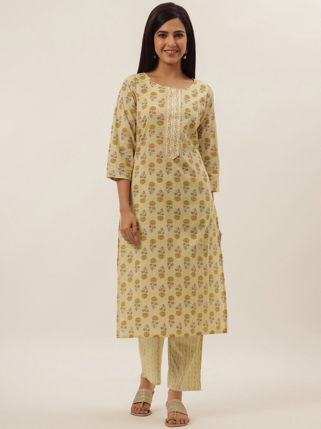 

Yufta Women Yellow Floral Printed Sequinned Pure Cotton Kurta with Trousers