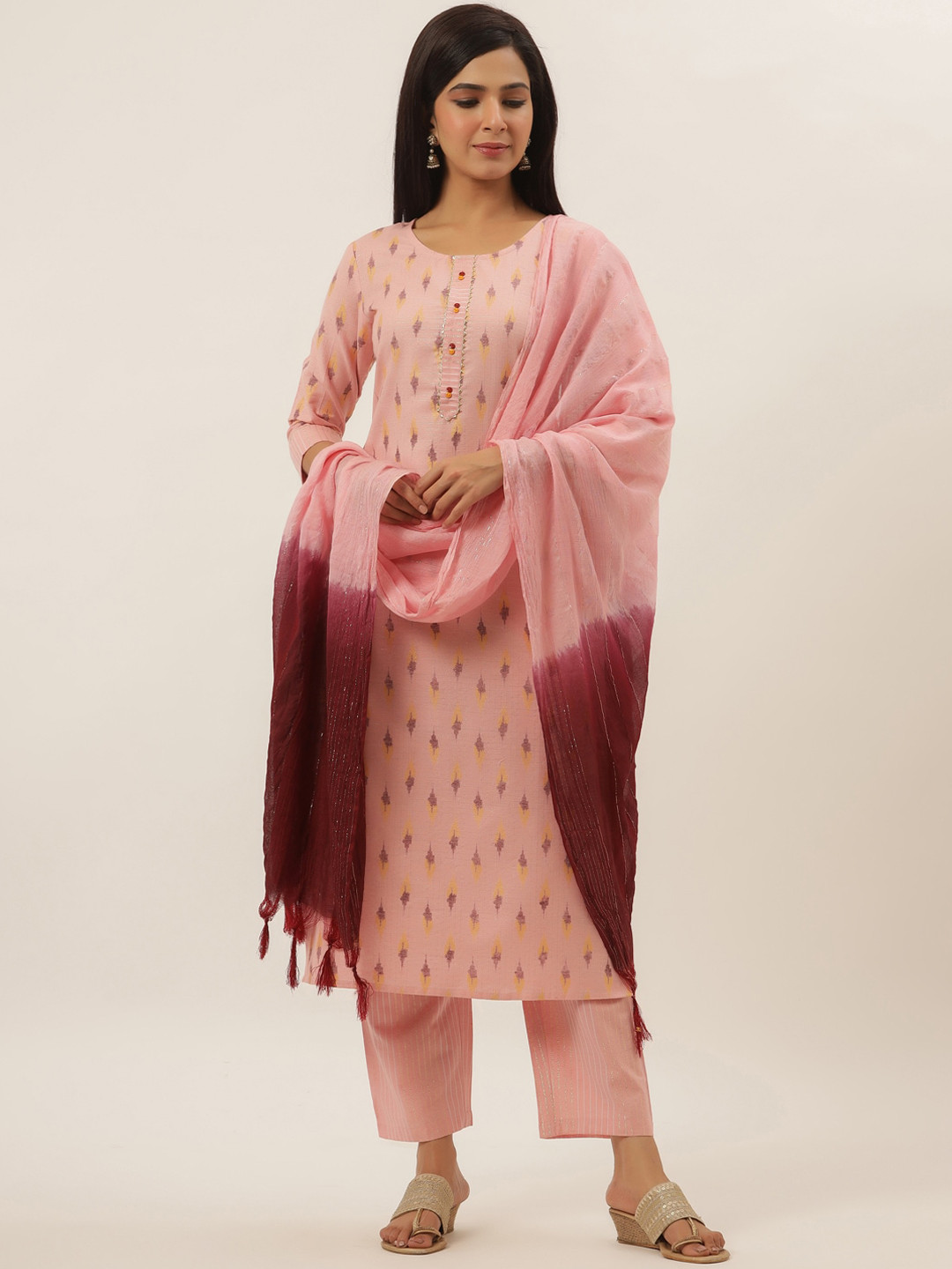 

Yufta Women Pink Ethnic Motifs Panelled Pure Cotton Kurti with Trousers & With Dupatta