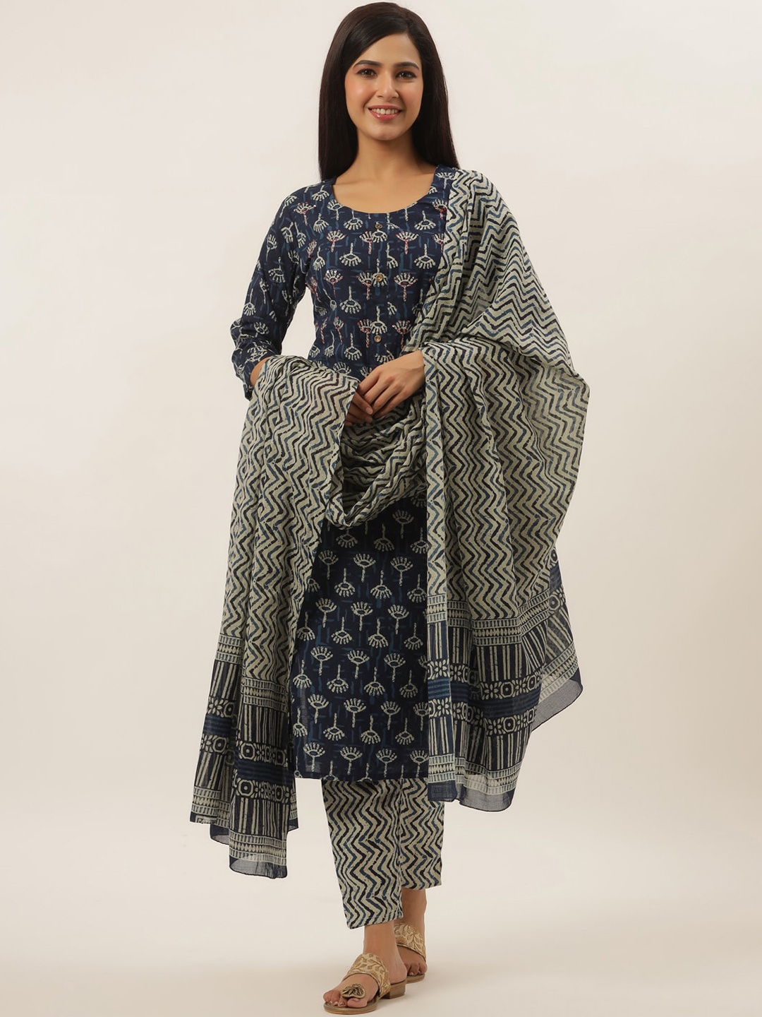 

Yufta Women Blue Ethnic Motifs Printed Sequinned Pure Cotton Kurta with Trousers & With Dupatta