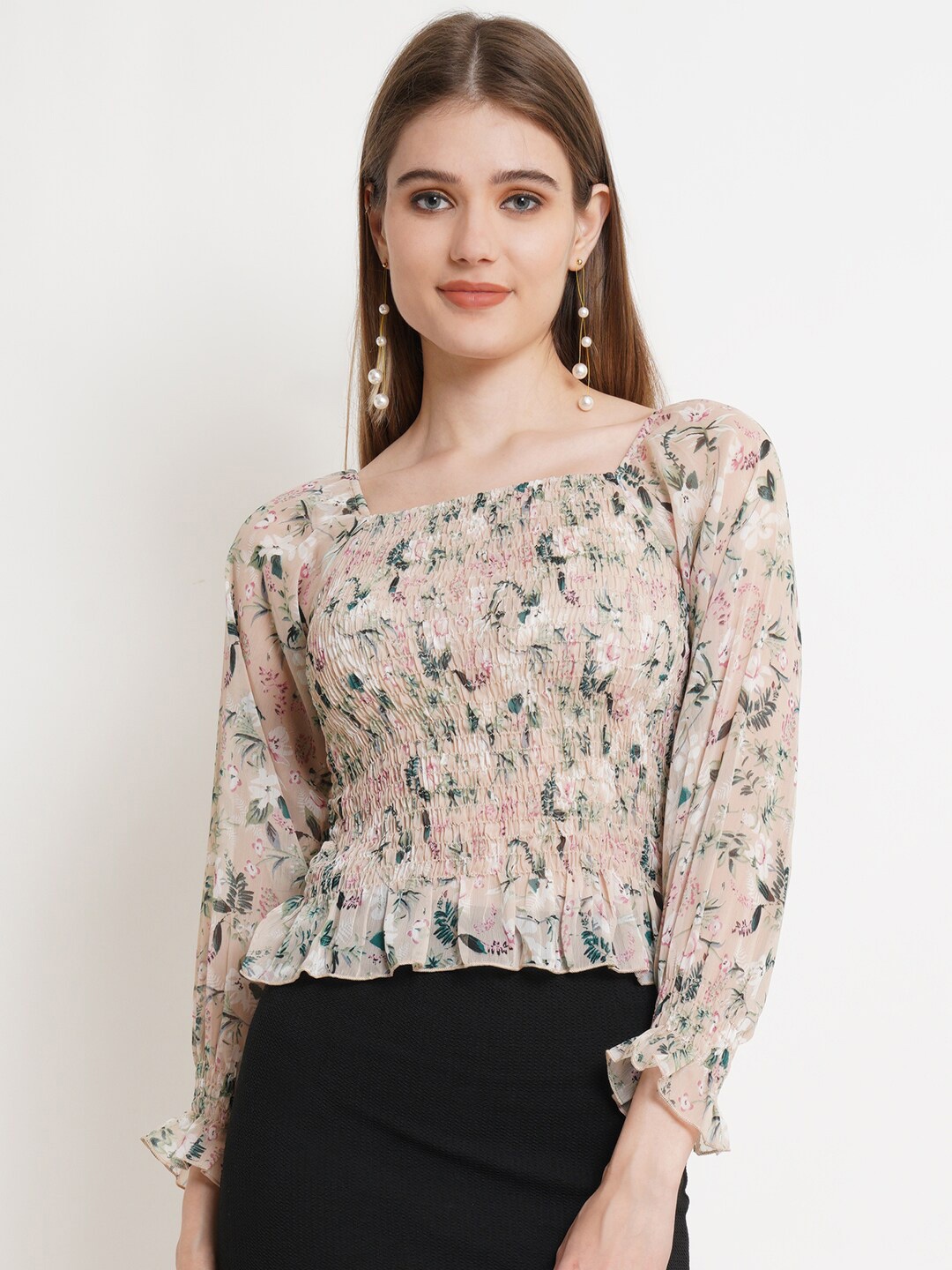 

Popwings Beige Floral Print Smocked Chiffon Top