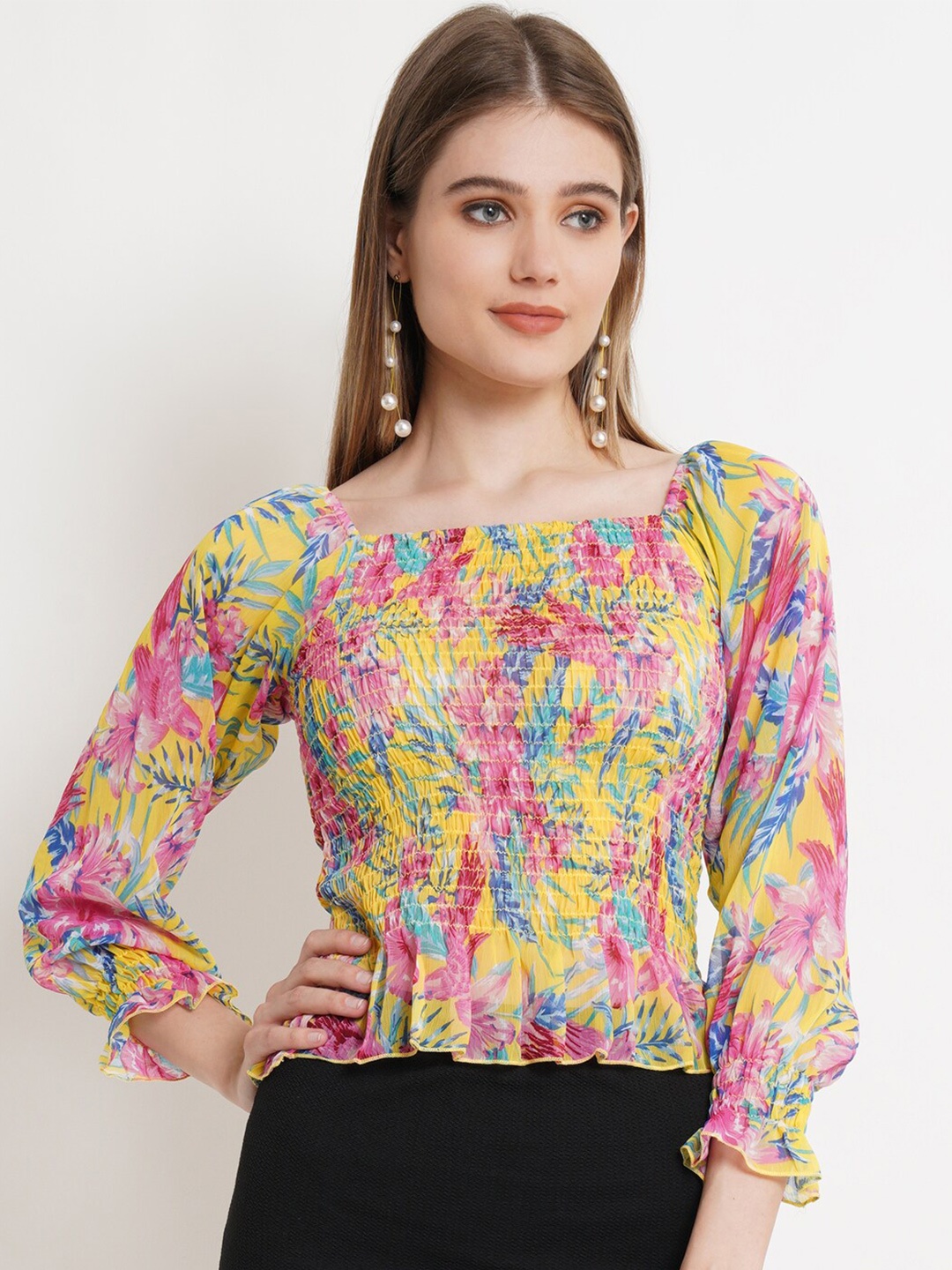 

Popwings Yellow Floral Print Smocked Chiffon Top