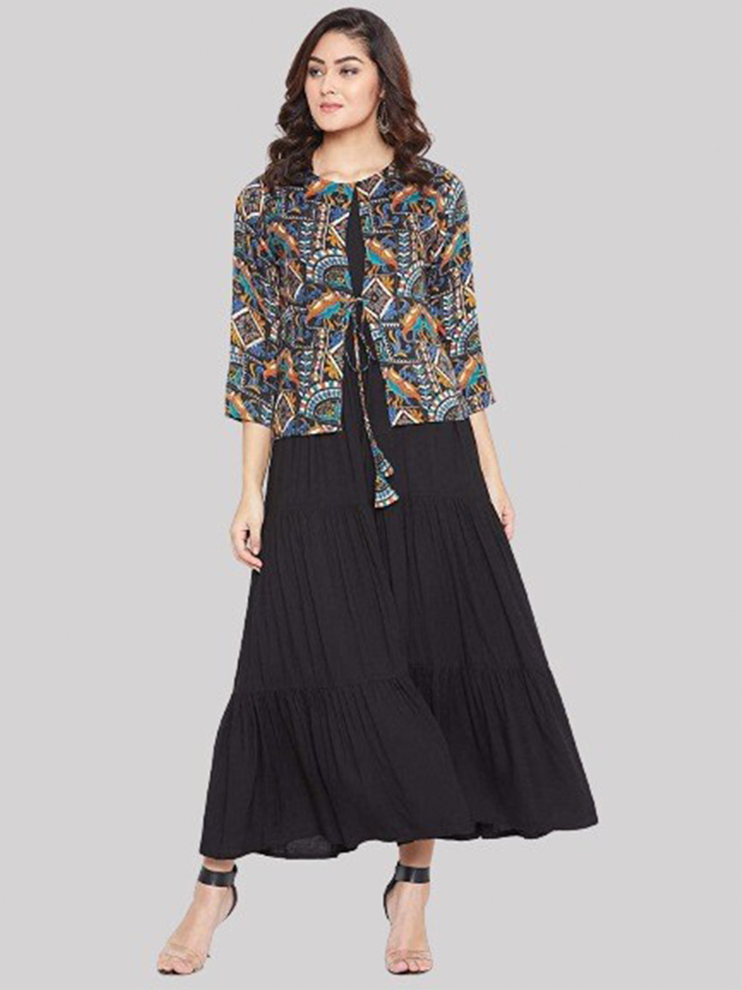 

FNOCKS Women Black & Blue Kurta With Jaipuri Printed Jacket