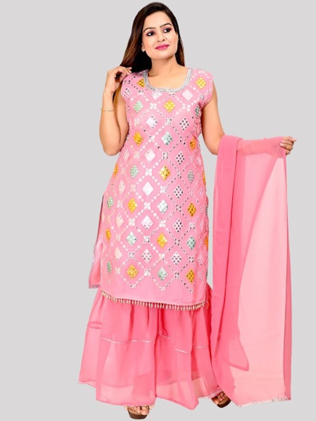 

FNOCKS Women Pink Floral Printed Mirror Work Kurta with Sharara & With Dupatta