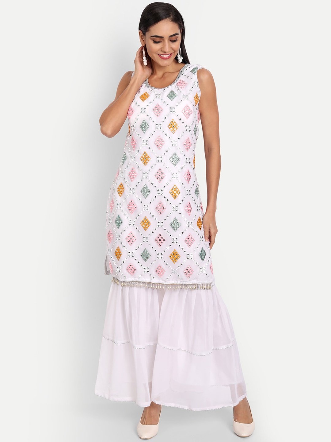 

FNOCKS Women White Ethnic Motifs Embroidered Mirror Work Kurti with Sharara
