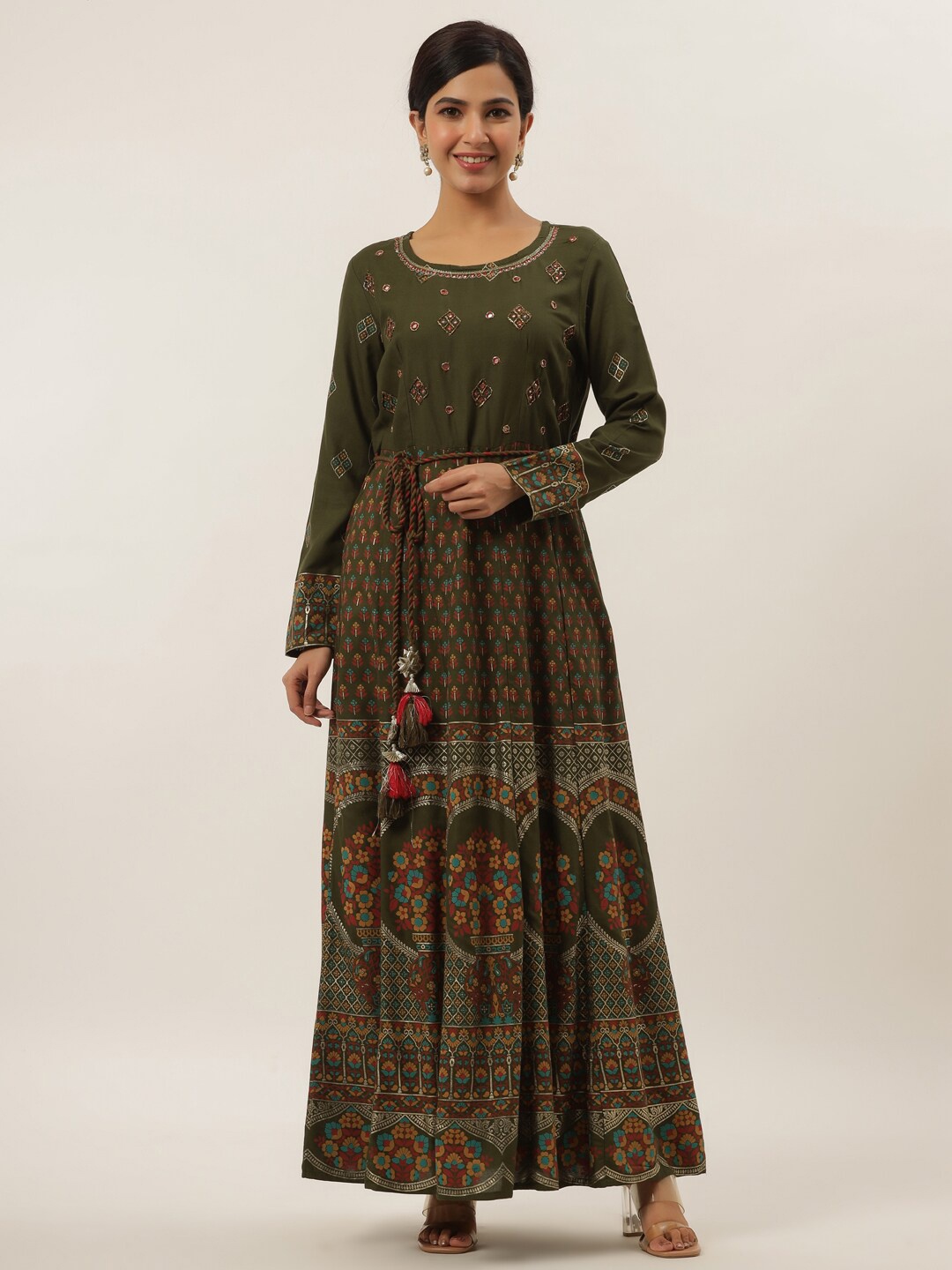 

Yufta Green Cotton Ethnic Maxi Dress