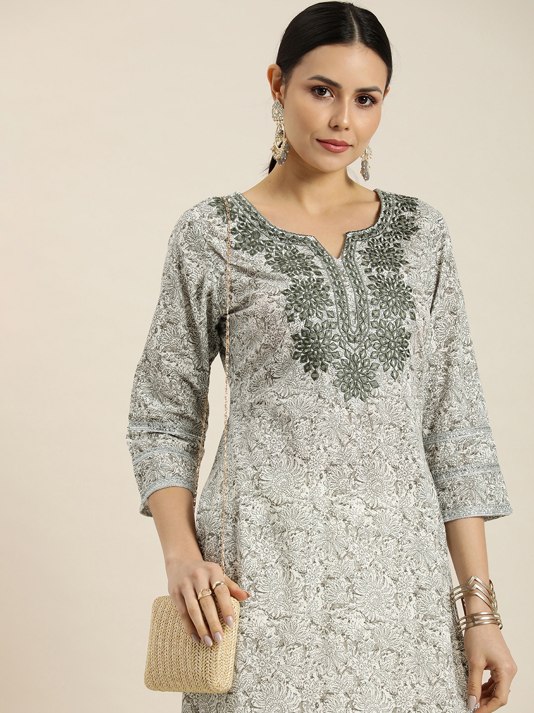 

Moda Rapido Women Pure Cotton Ethnic Motifs Printed Thread Work Kurta, Grey