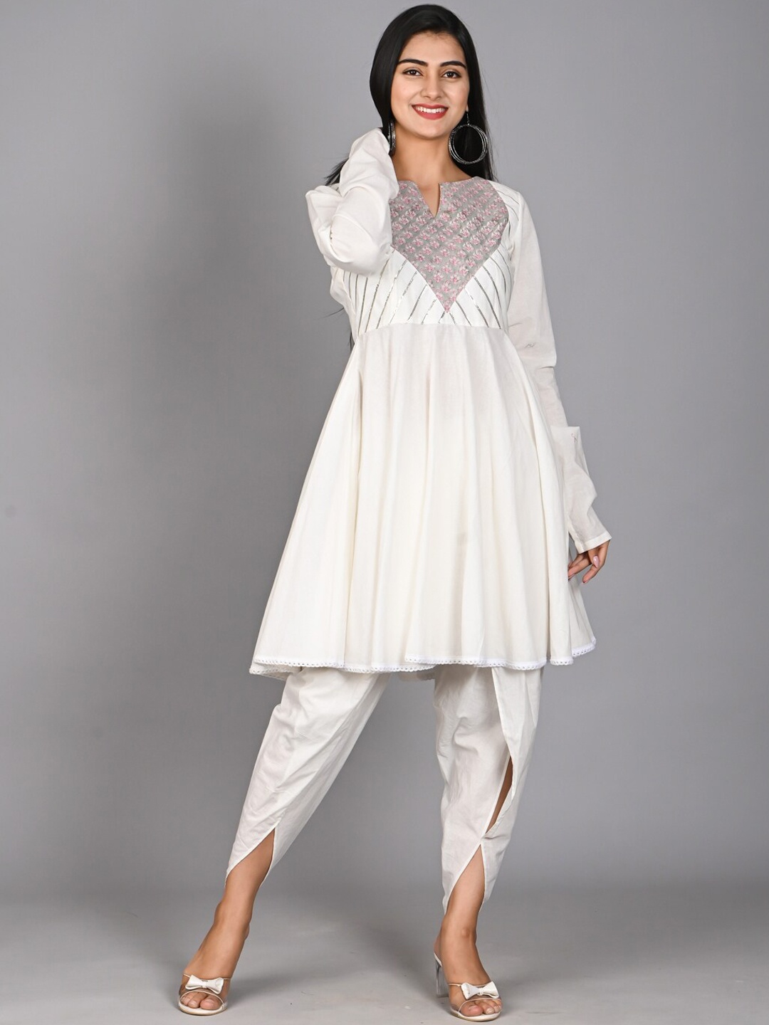 

Bavaria Women Off White Floral Yoke Design Empire Sequinned Pure Cotton Kurta with Dhoti Pants