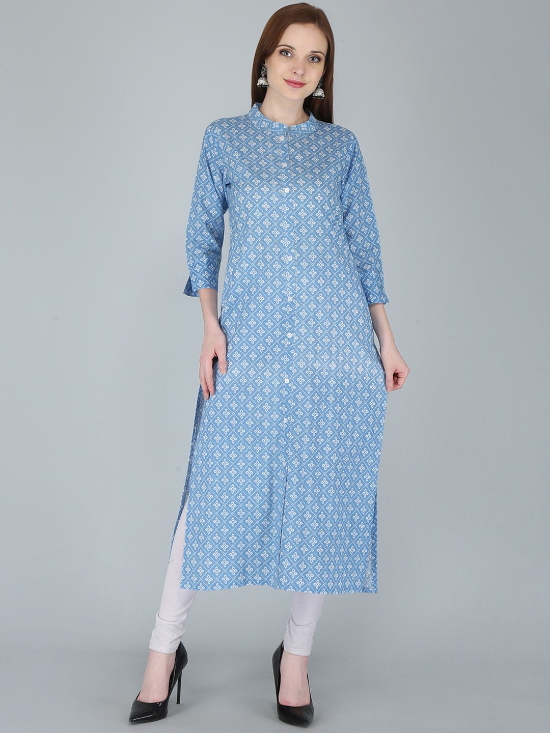 

KALINI Women Blue Ethnic Motifs Printed Flared Sleeves Thread Work Kurta