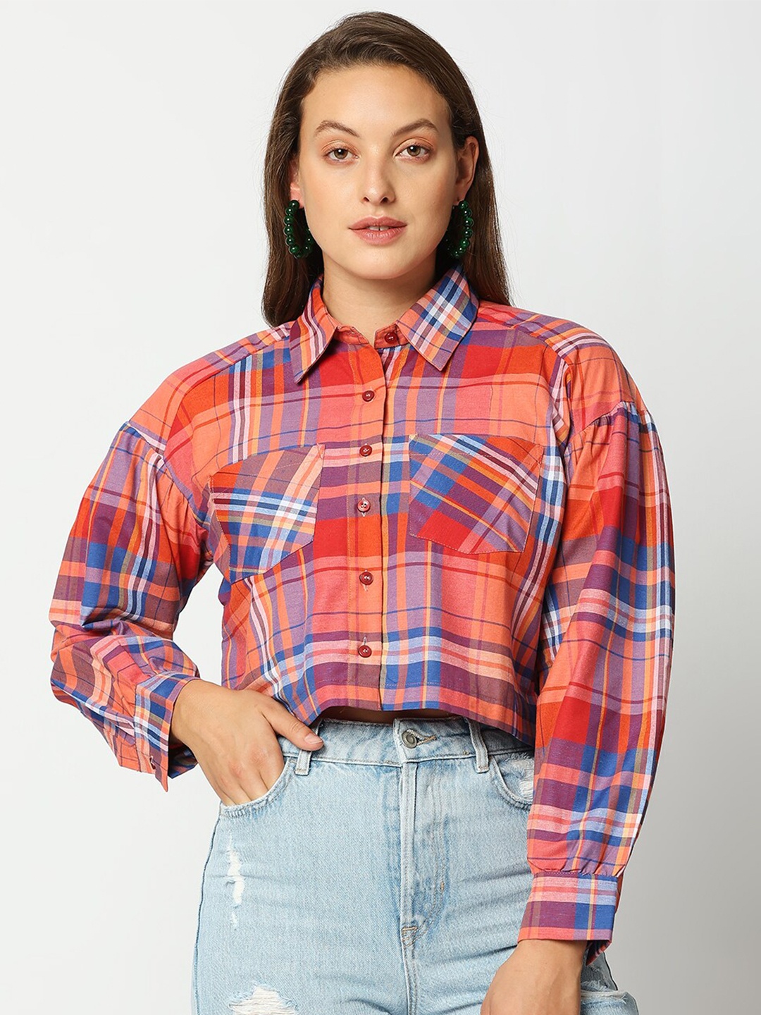 

Remanika Women Orange Comfort Tartan Checks Checked Casual Shirt